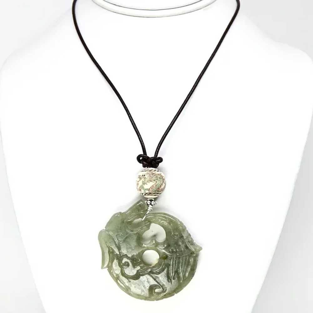 Carved Green Serpentine Jade Dragon and Phoenix P… - image 2