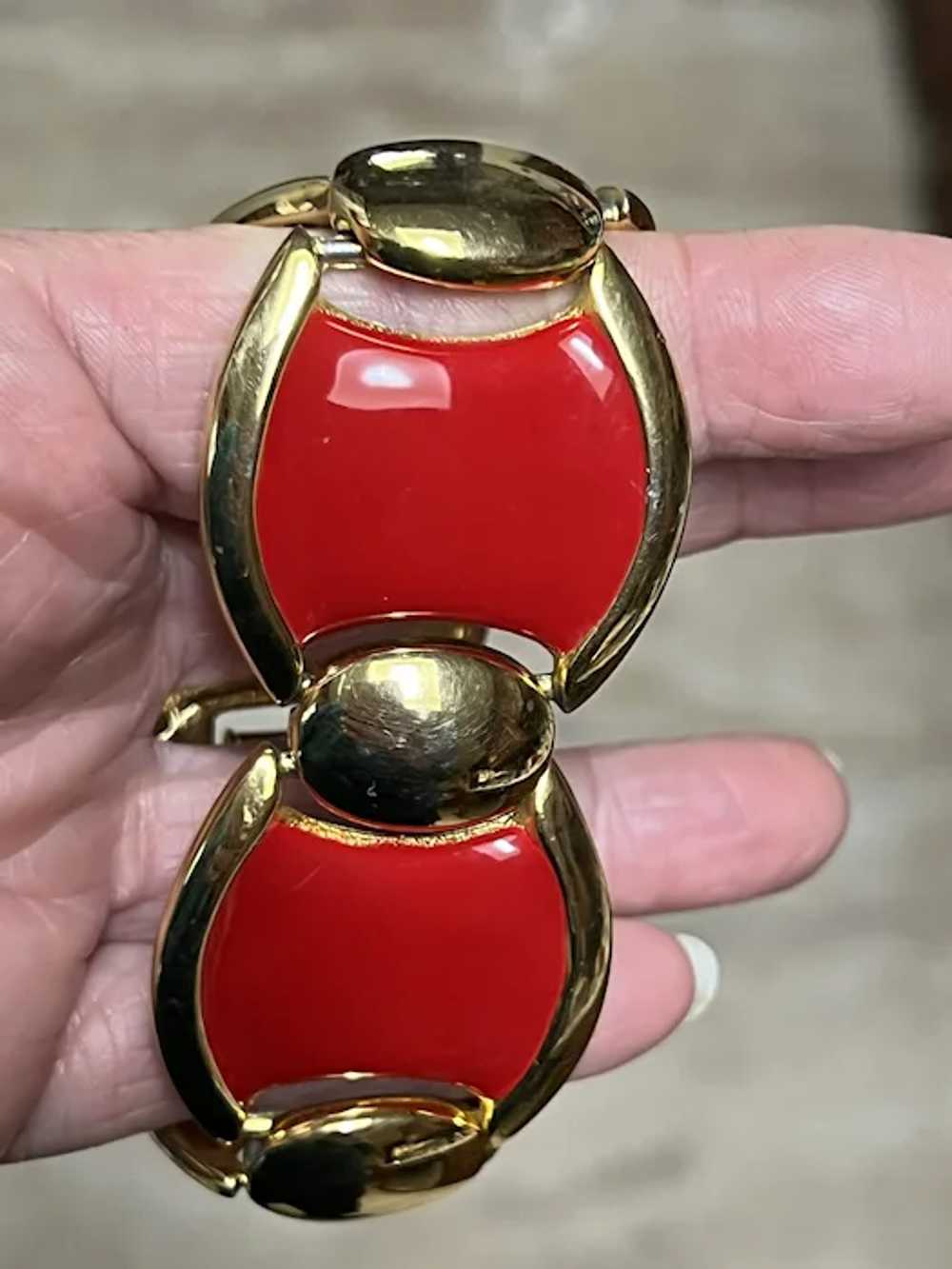 Large vintage Napier bracelet, bright red enamel - image 10