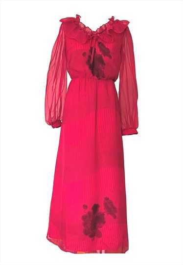 Pink/Black 1970s Vintage Floral Striped Chiffon M… - image 1