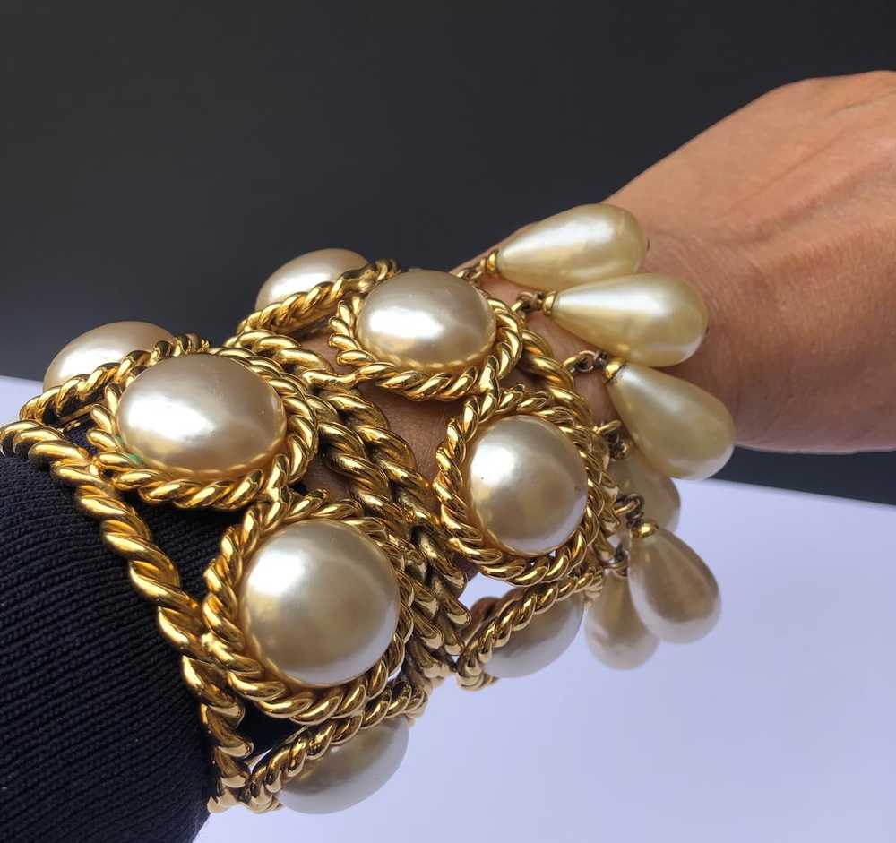 CHANEL Vintage Double Cuff Gold Pearls Bracelet C… - image 3