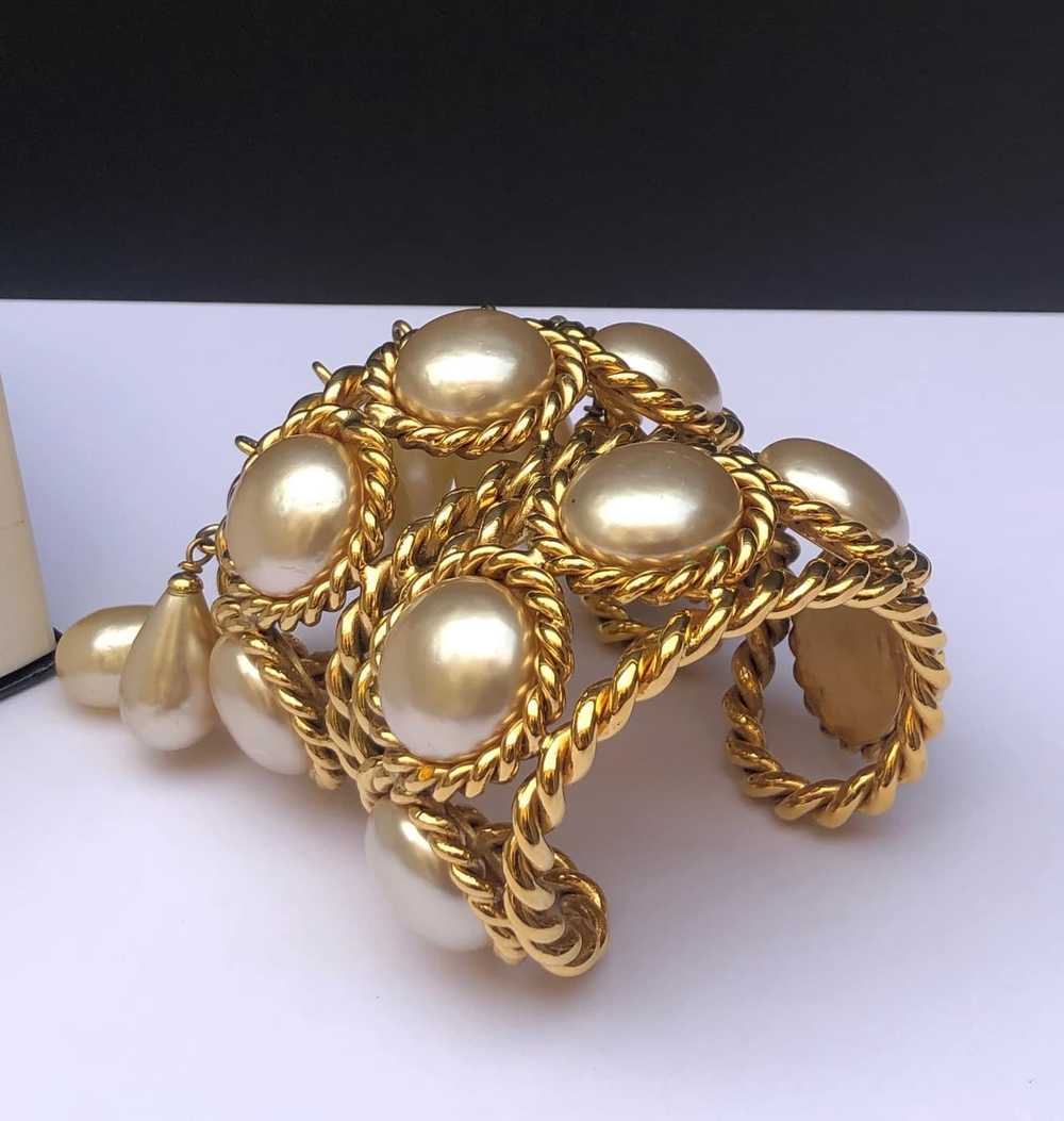 CHANEL Vintage Double Cuff Gold Pearls Bracelet C… - image 5