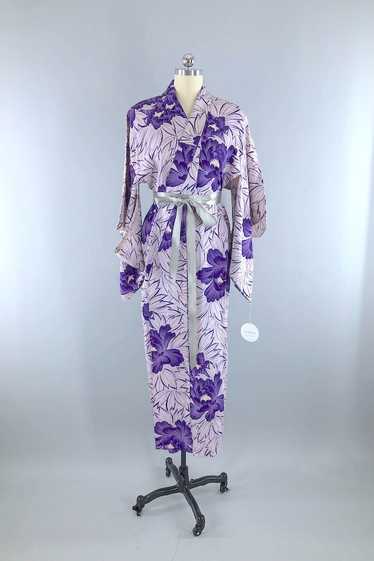 Vintage Purple Floral Silk Kimono Robe