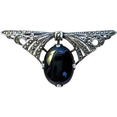 Art Deco style Sterling silver and onyx brooch - image 1