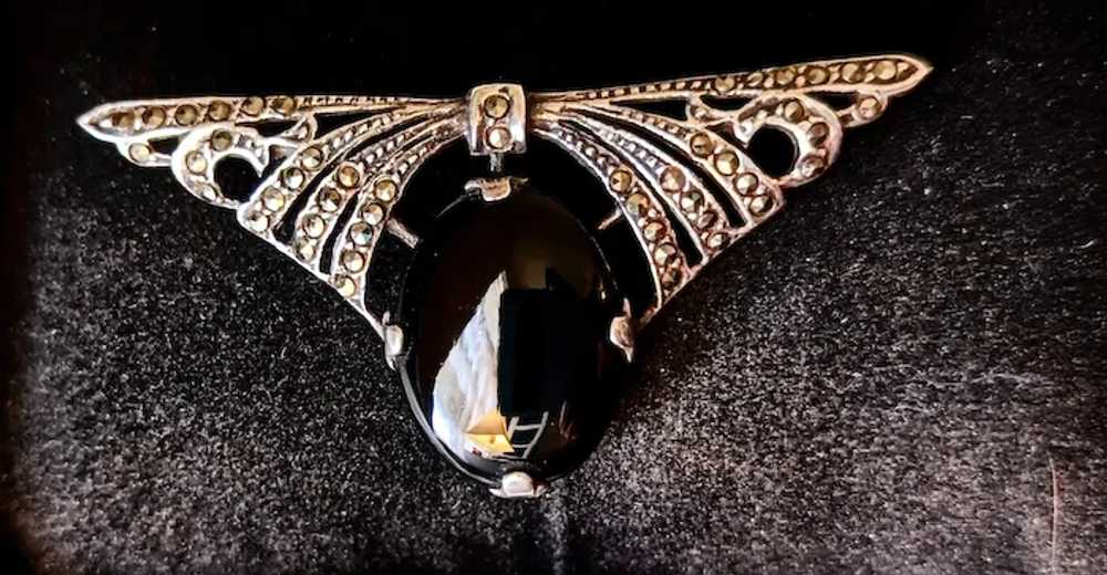 Art Deco style Sterling silver and onyx brooch - image 3