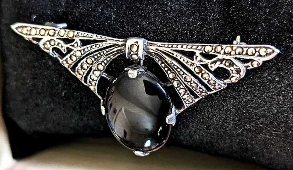 Art Deco style Sterling silver and onyx brooch - image 4