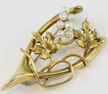 Art Nouveau 10K Yellow Gold Wishbone Pin w/ Seed … - image 1