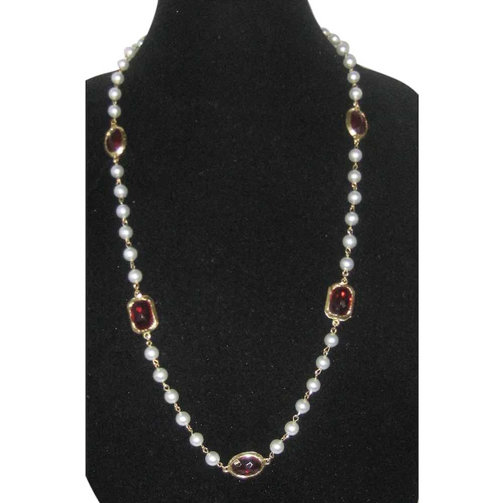 Imitation Pearl Necklace with Red Glass Gems - image 1