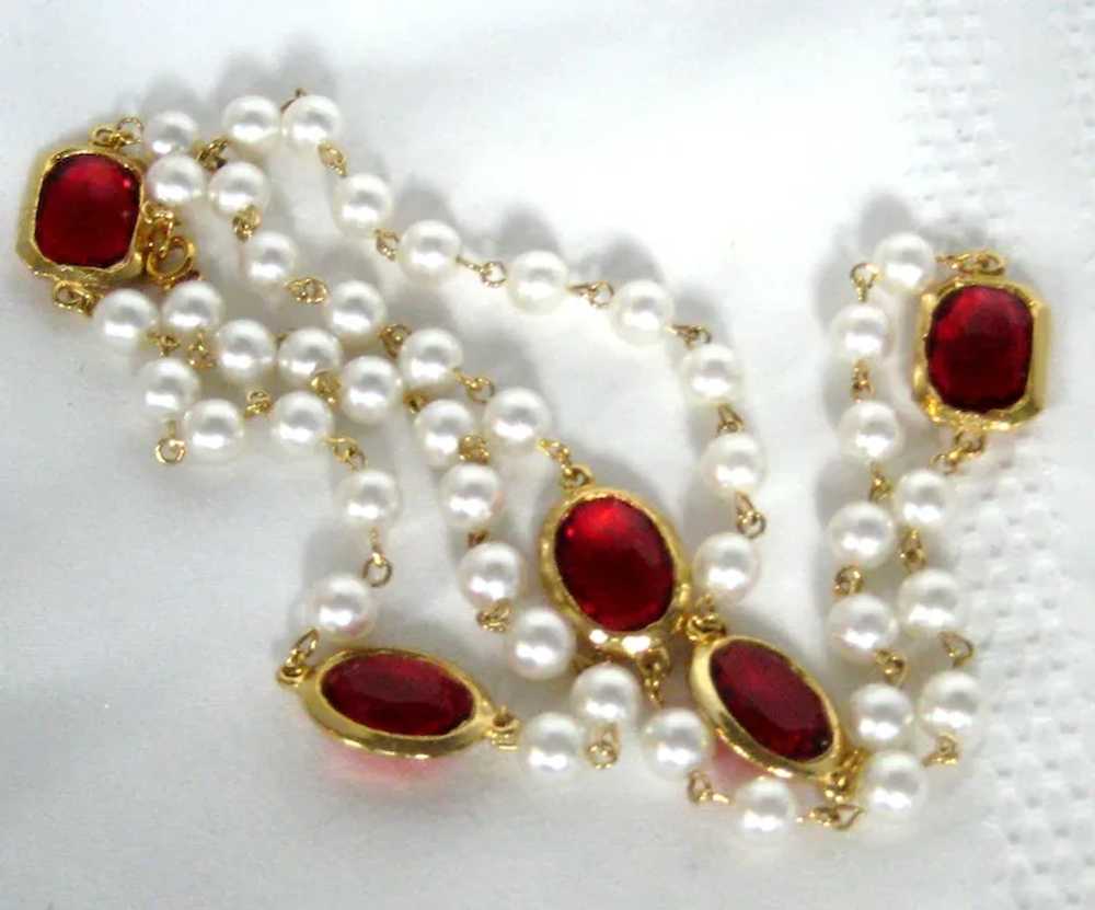 Imitation Pearl Necklace with Red Glass Gems - image 2