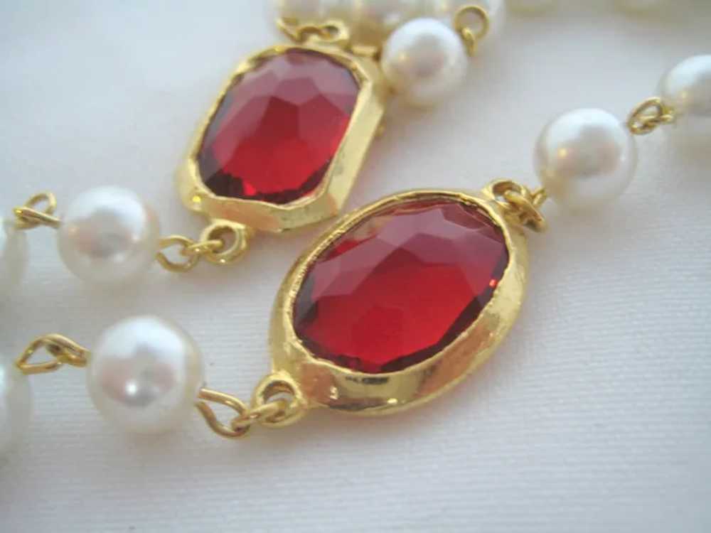 Imitation Pearl Necklace with Red Glass Gems - image 3