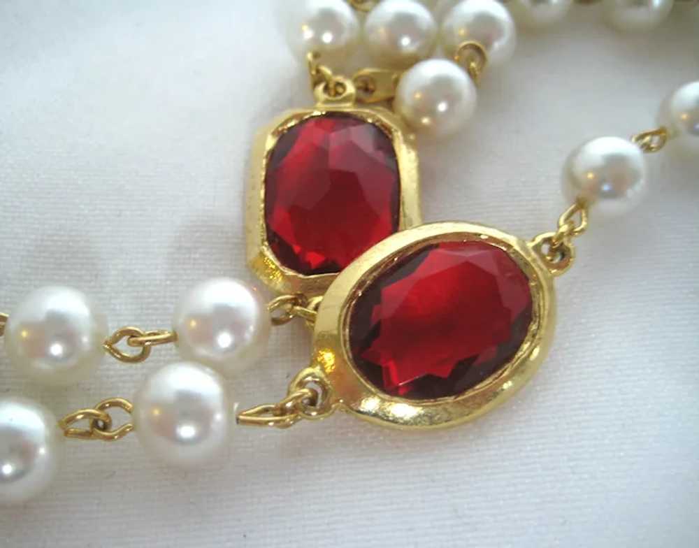 Imitation Pearl Necklace with Red Glass Gems - image 4