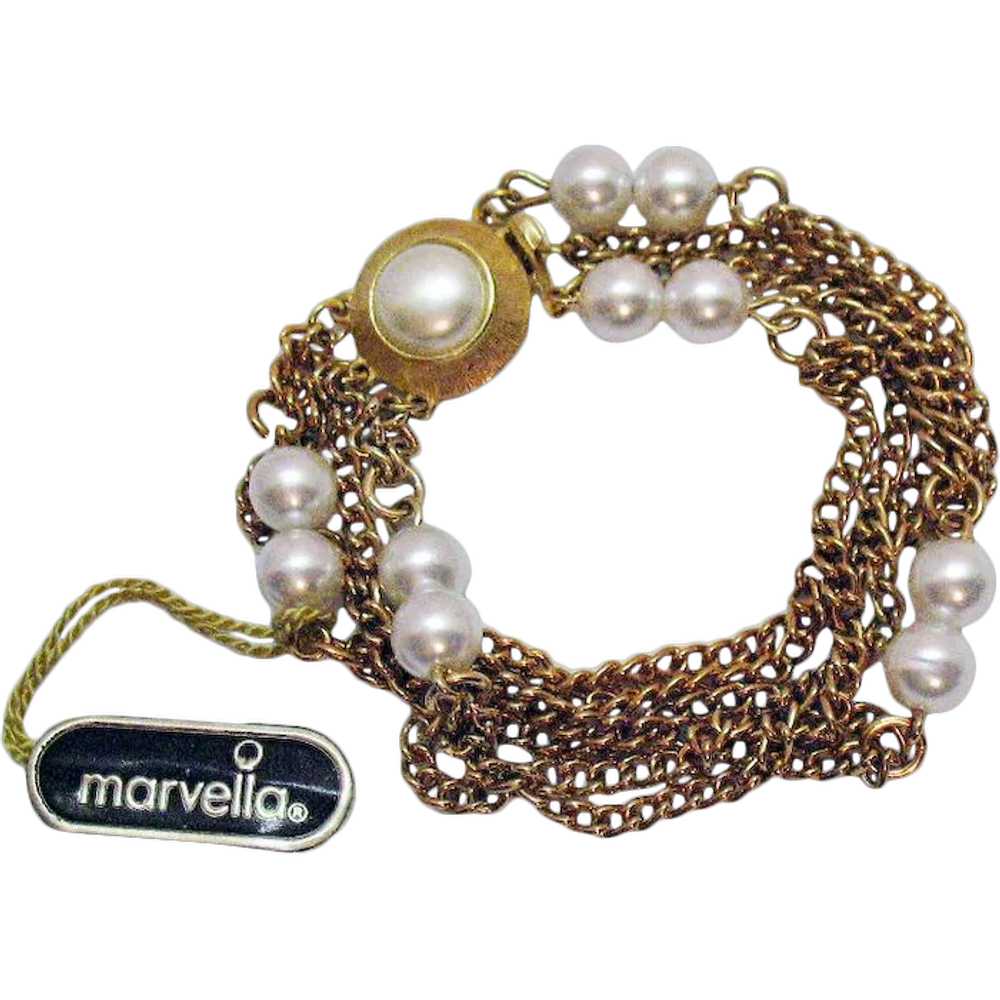 Signed Marvella Vintage Golden Chain Faux Pearl B… - image 1