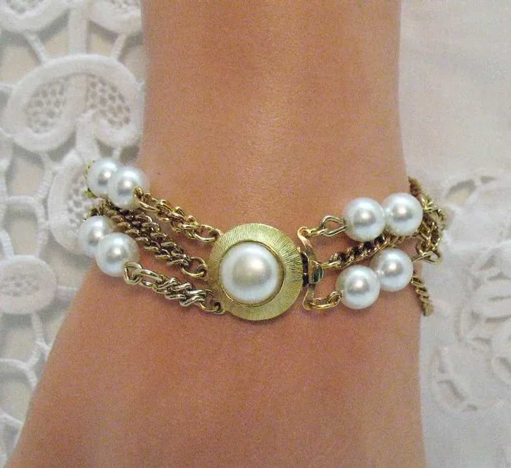 Signed Marvella Vintage Golden Chain Faux Pearl B… - image 2