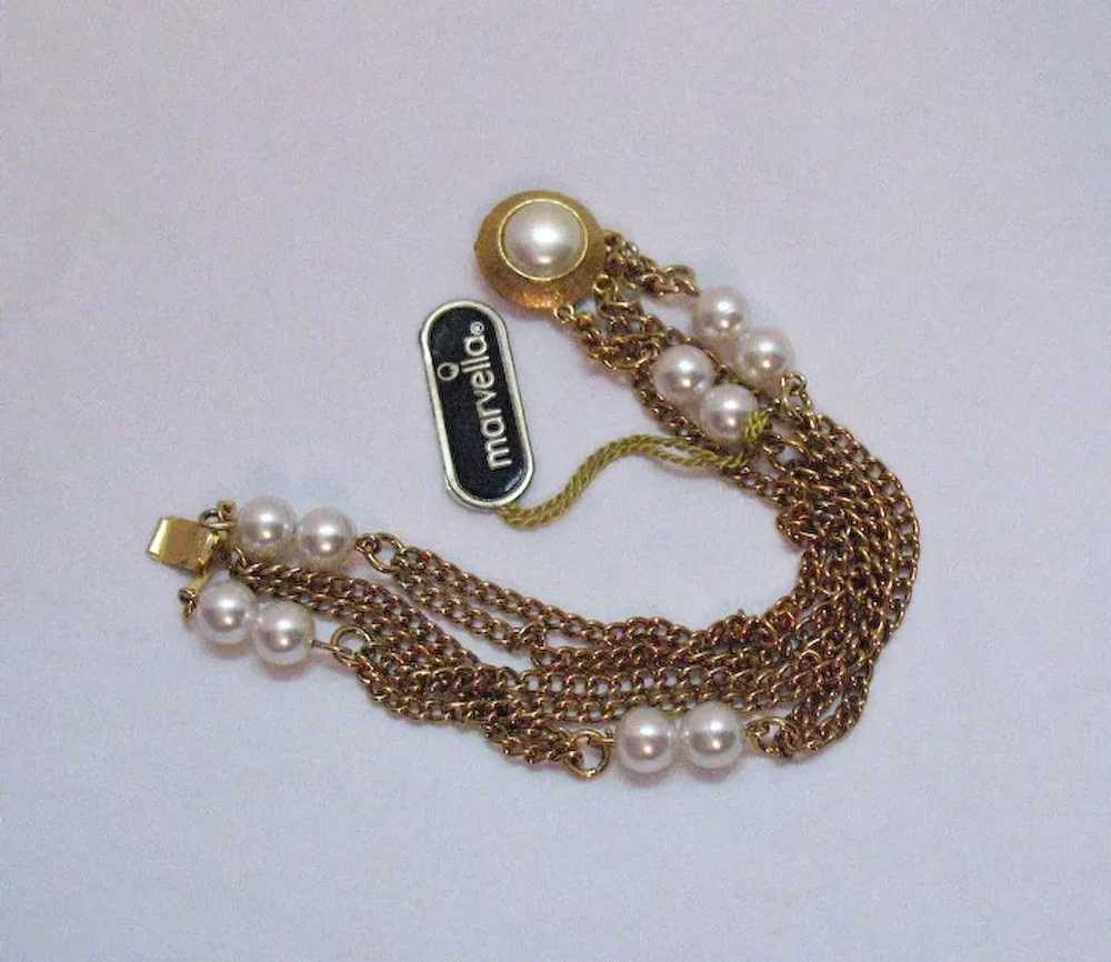 Signed Marvella Vintage Golden Chain Faux Pearl B… - image 4