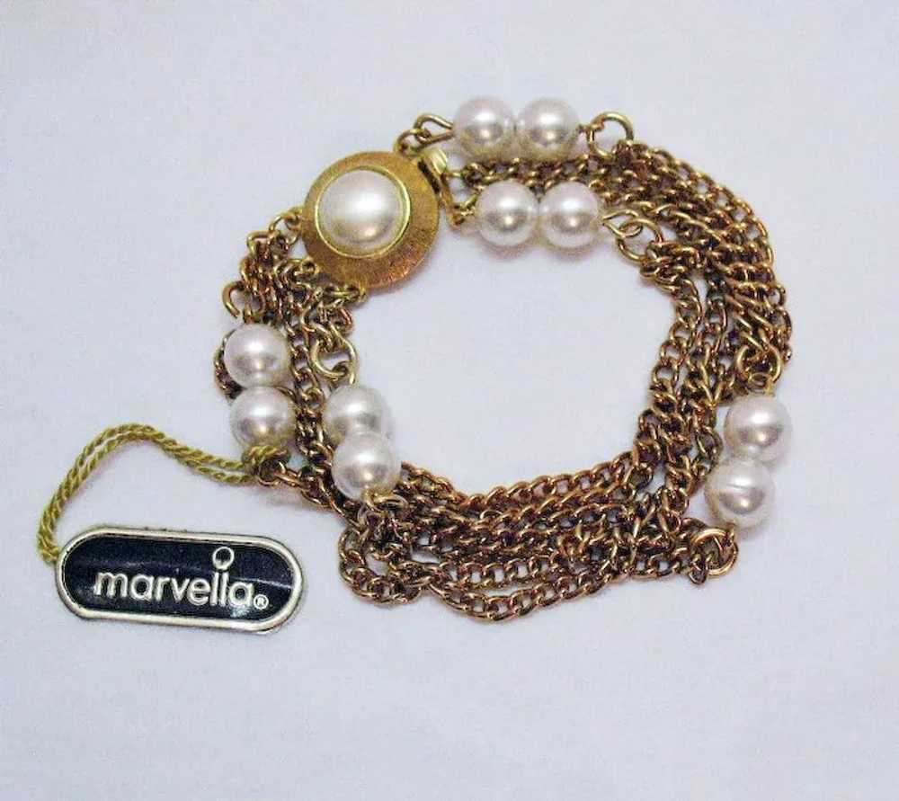 Signed Marvella Vintage Golden Chain Faux Pearl B… - image 6