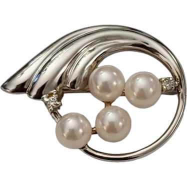 14K White Gold, Pearl Diamond Chip Round Open Plu… - image 1