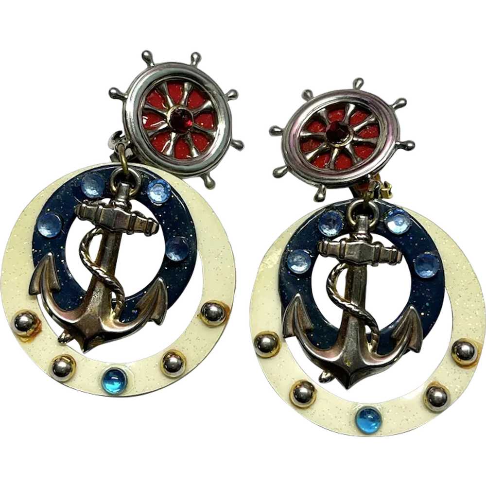 Vintage Nautical Rhinestone Dangle Drop Earrings - image 1