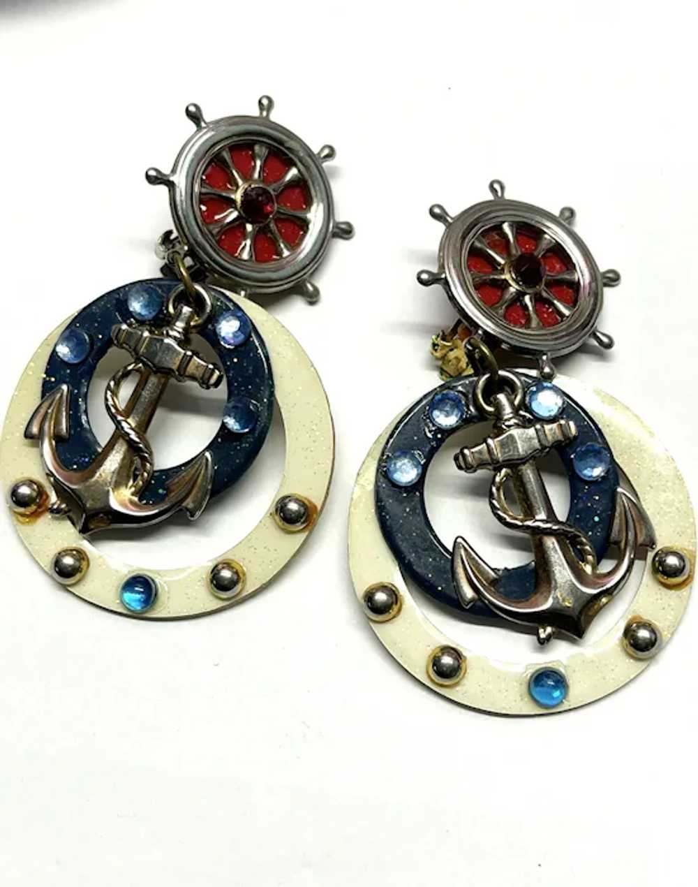 Vintage Nautical Rhinestone Dangle Drop Earrings - image 3