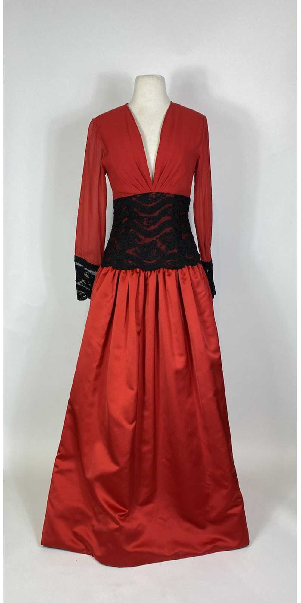 1970s - 1980s Red Silk Chiffon Satin Black Lace D… - image 1
