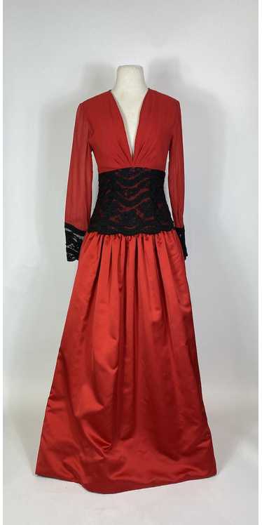 1970s - 1980s Red Silk Chiffon Satin Black Lace D… - image 1