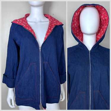 1970s Denim Jacket with Red Floral Lined Hood, Sh… - image 1