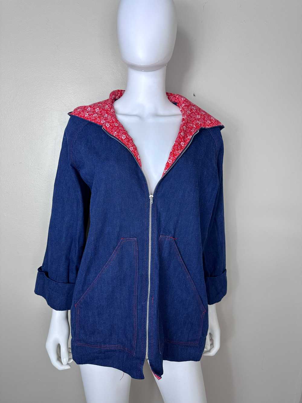 1970s Denim Jacket with Red Floral Lined Hood, Sh… - image 2