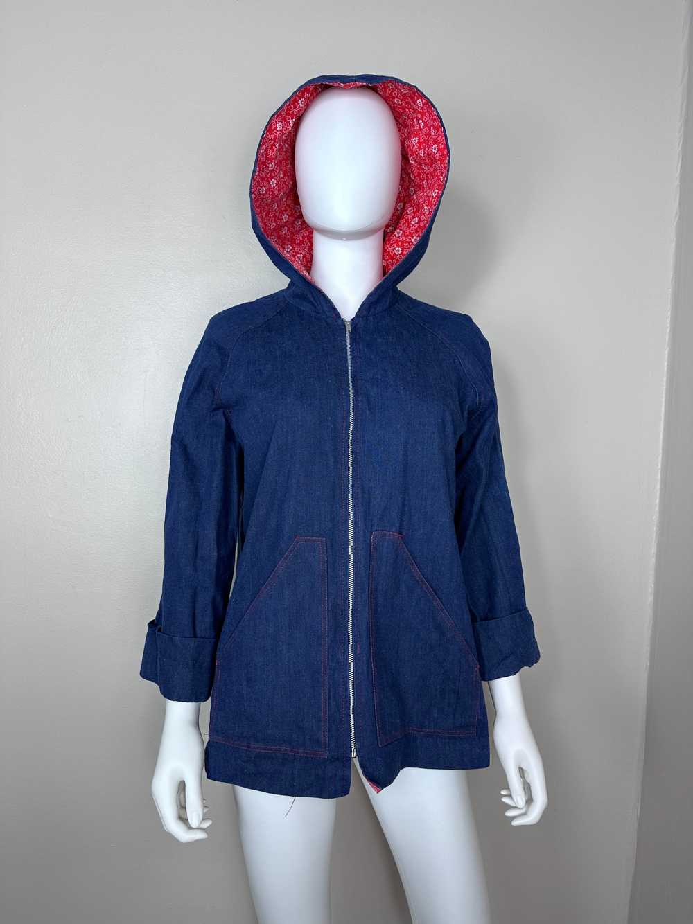 1970s Denim Jacket with Red Floral Lined Hood, Sh… - image 3