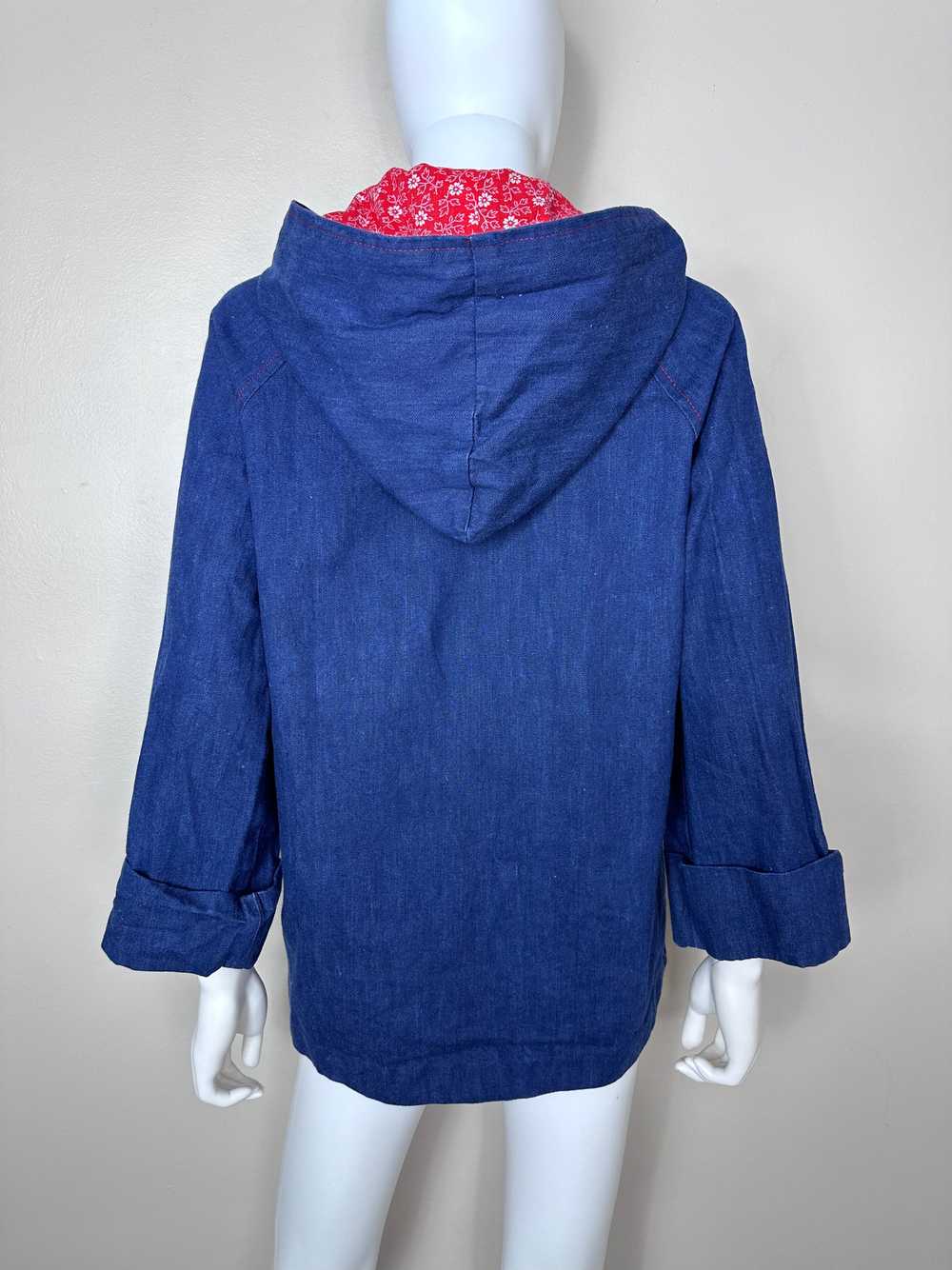 1970s Denim Jacket with Red Floral Lined Hood, Sh… - image 4