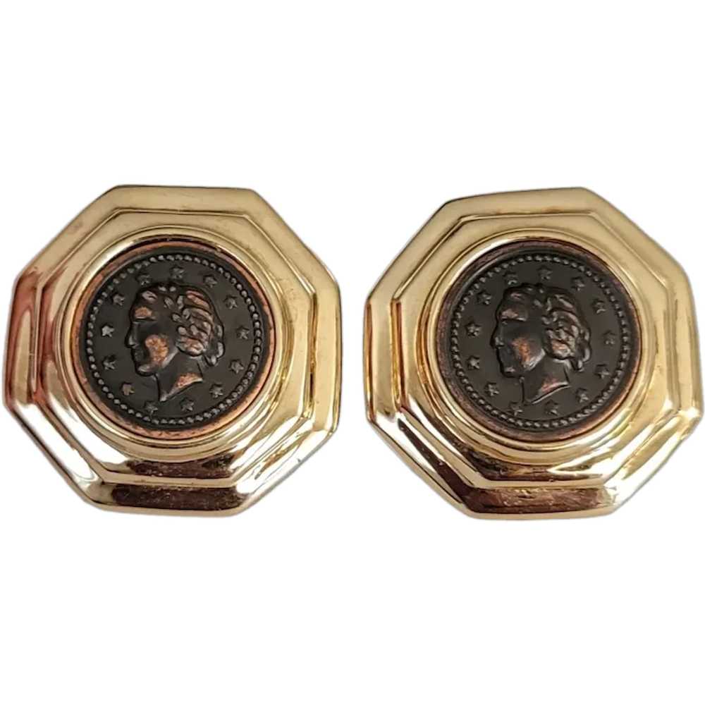 Gold Tone Copper Color Coin Face Clip On Earrings… - image 1