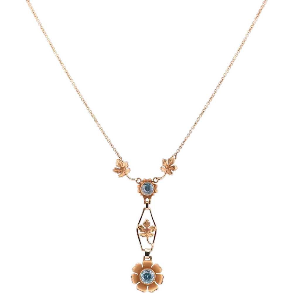 Art Deco Blue Zircon Floral Gold Drop Pendant Nec… - image 1