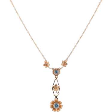 Art Deco Blue Zircon Floral Gold Drop Pendant Nec… - image 1