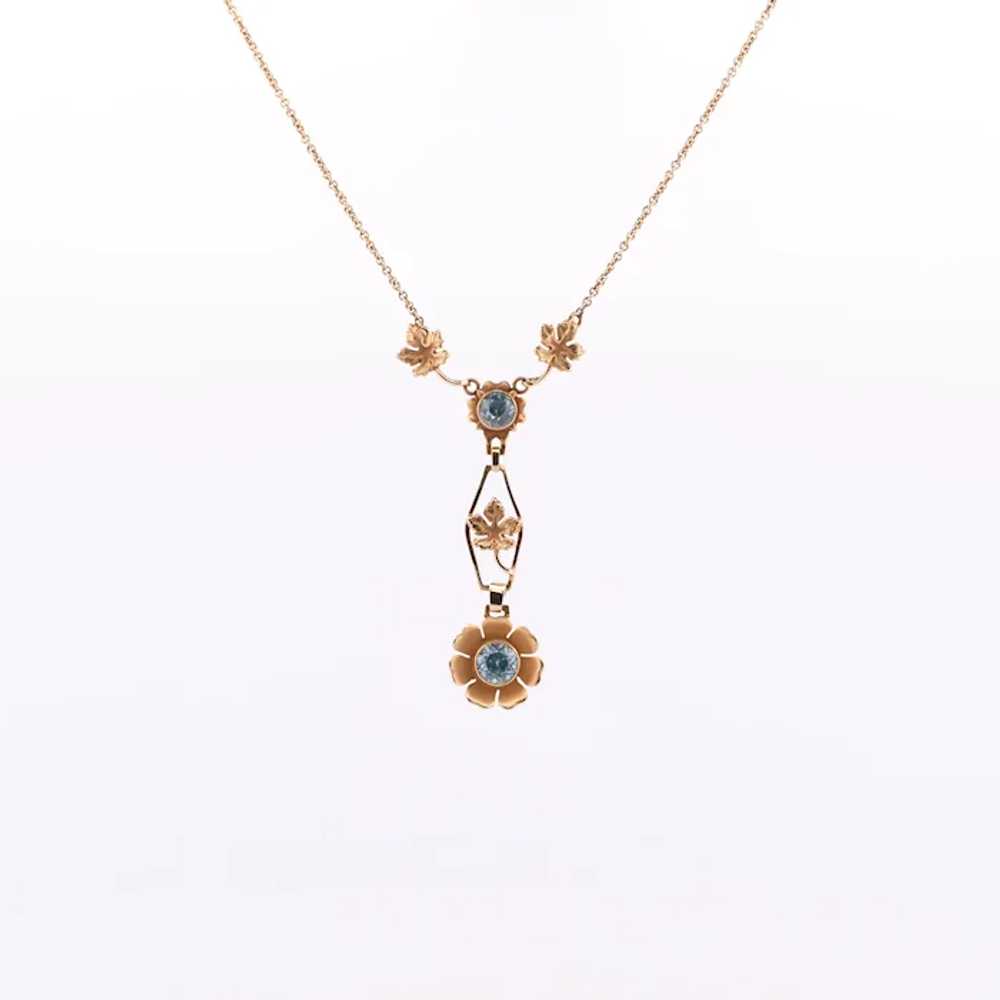 Art Deco Blue Zircon Floral Gold Drop Pendant Nec… - image 2