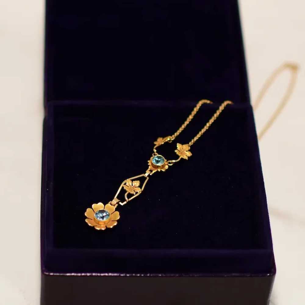 Art Deco Blue Zircon Floral Gold Drop Pendant Nec… - image 3