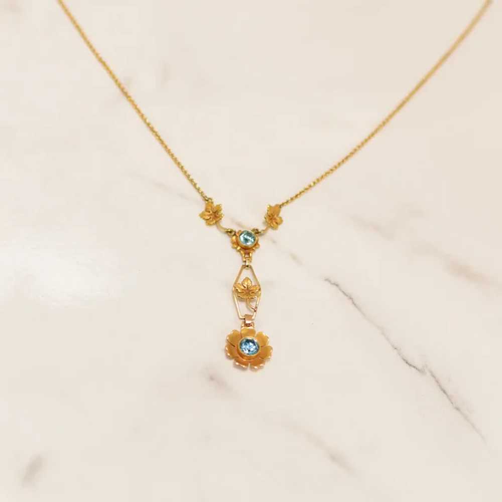 Art Deco Blue Zircon Floral Gold Drop Pendant Nec… - image 4