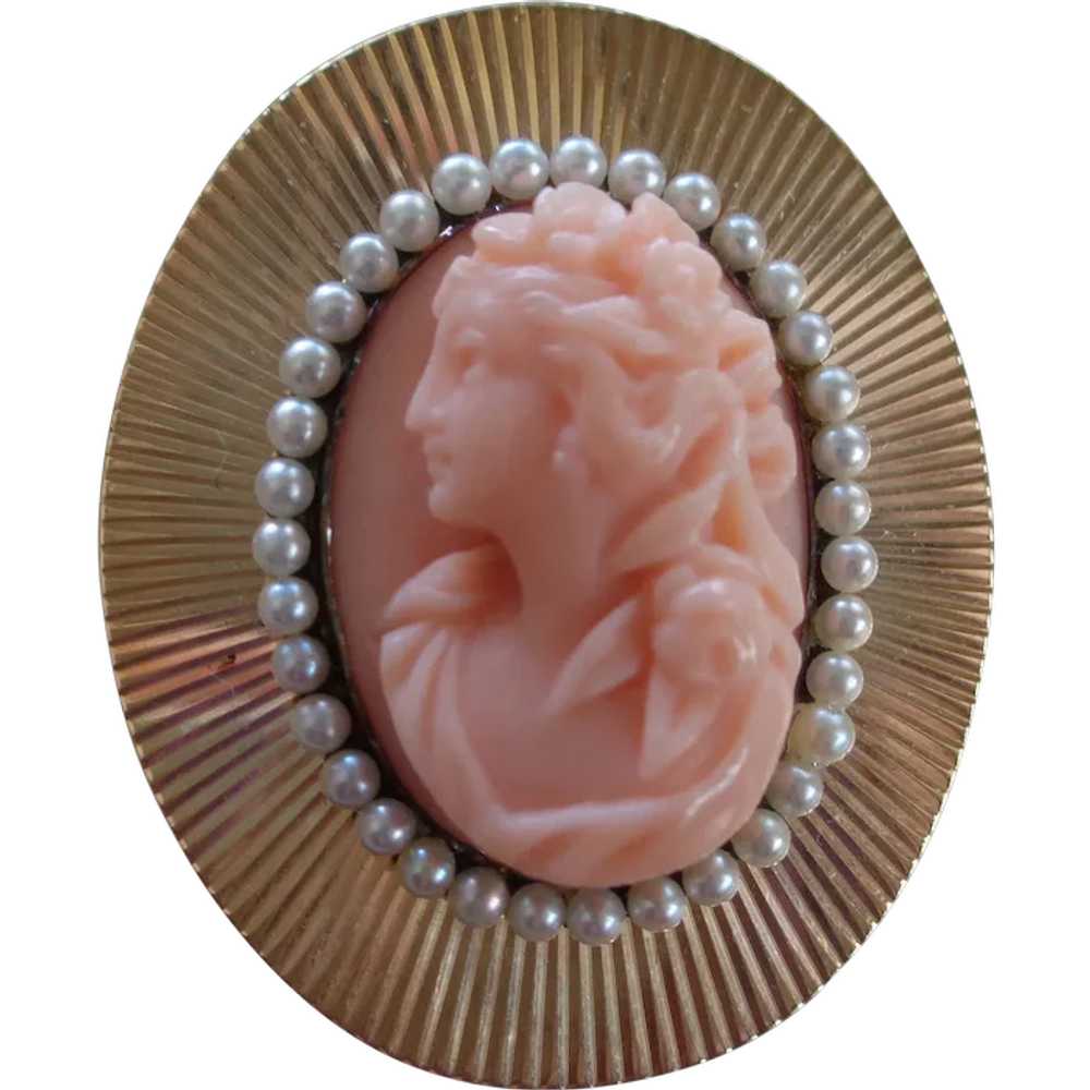 Stunning Coral Cameo in 14K Rose Gold with Seed P… - image 1