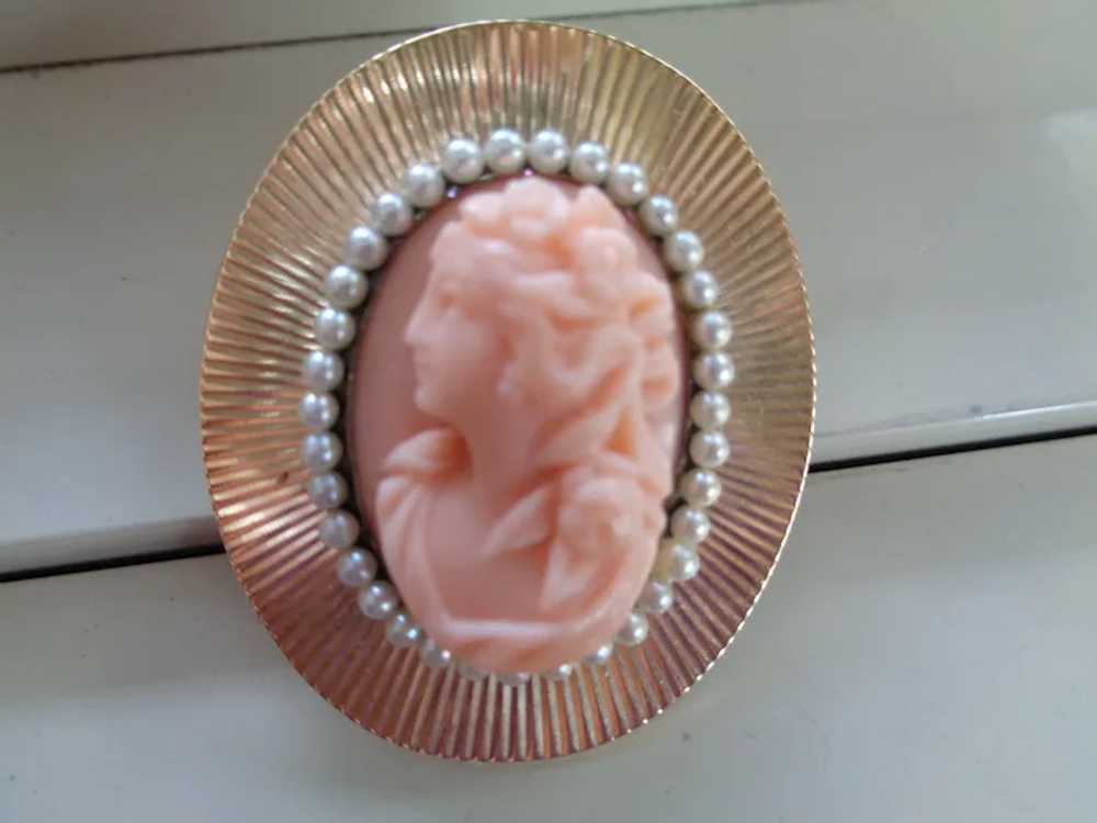 Stunning Coral Cameo in 14K Rose Gold with Seed P… - image 3