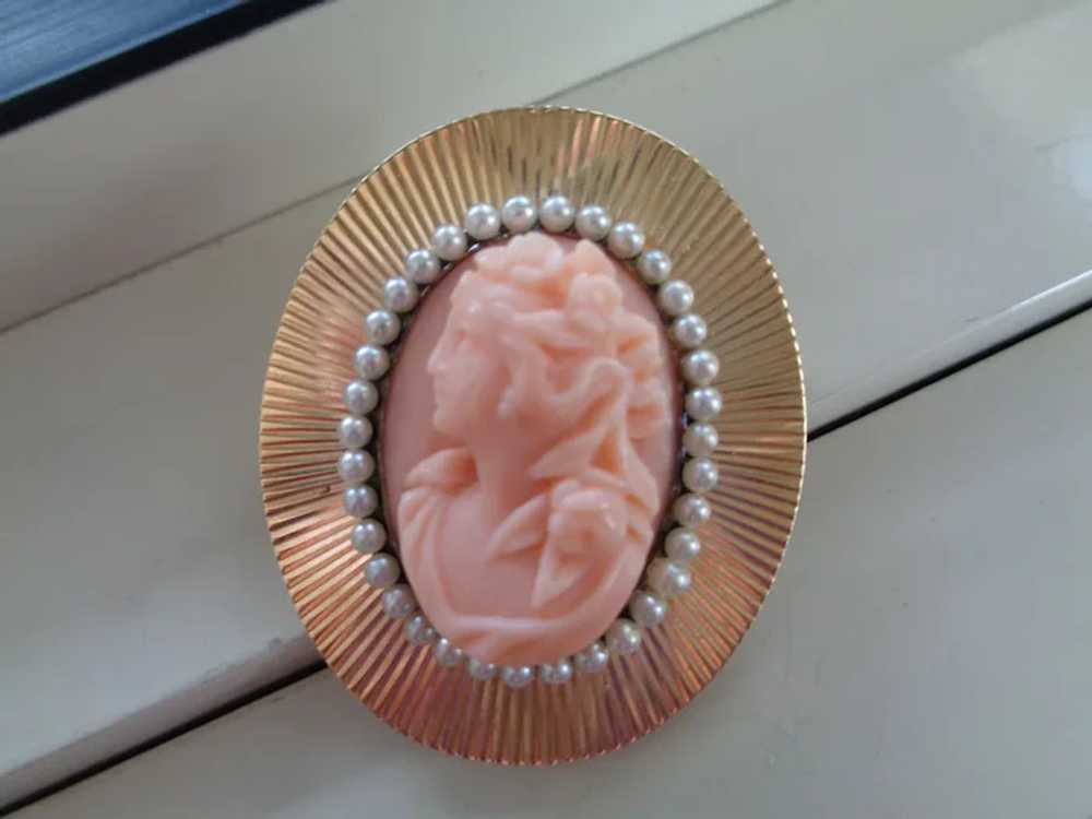 Stunning Coral Cameo in 14K Rose Gold with Seed P… - image 4