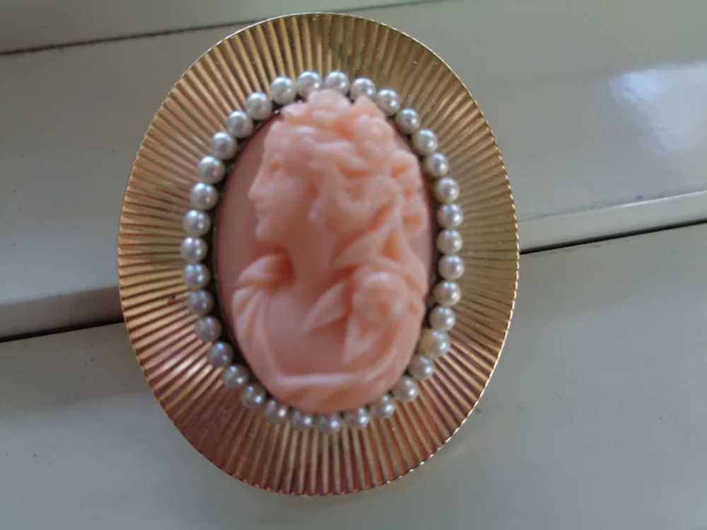 Stunning Coral Cameo in 14K Rose Gold with Seed P… - image 5
