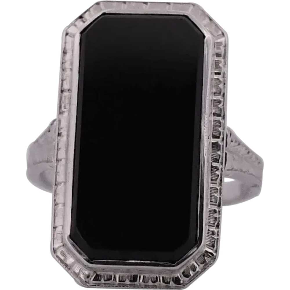 Art Deco Black Onyx Bezel Set 14K White Gold Shie… - image 1