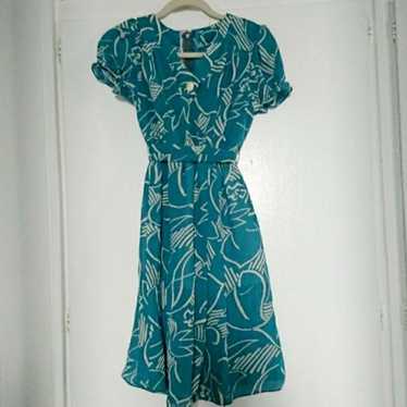 Vintage Teal Blue Tulip Print Dress - image 1