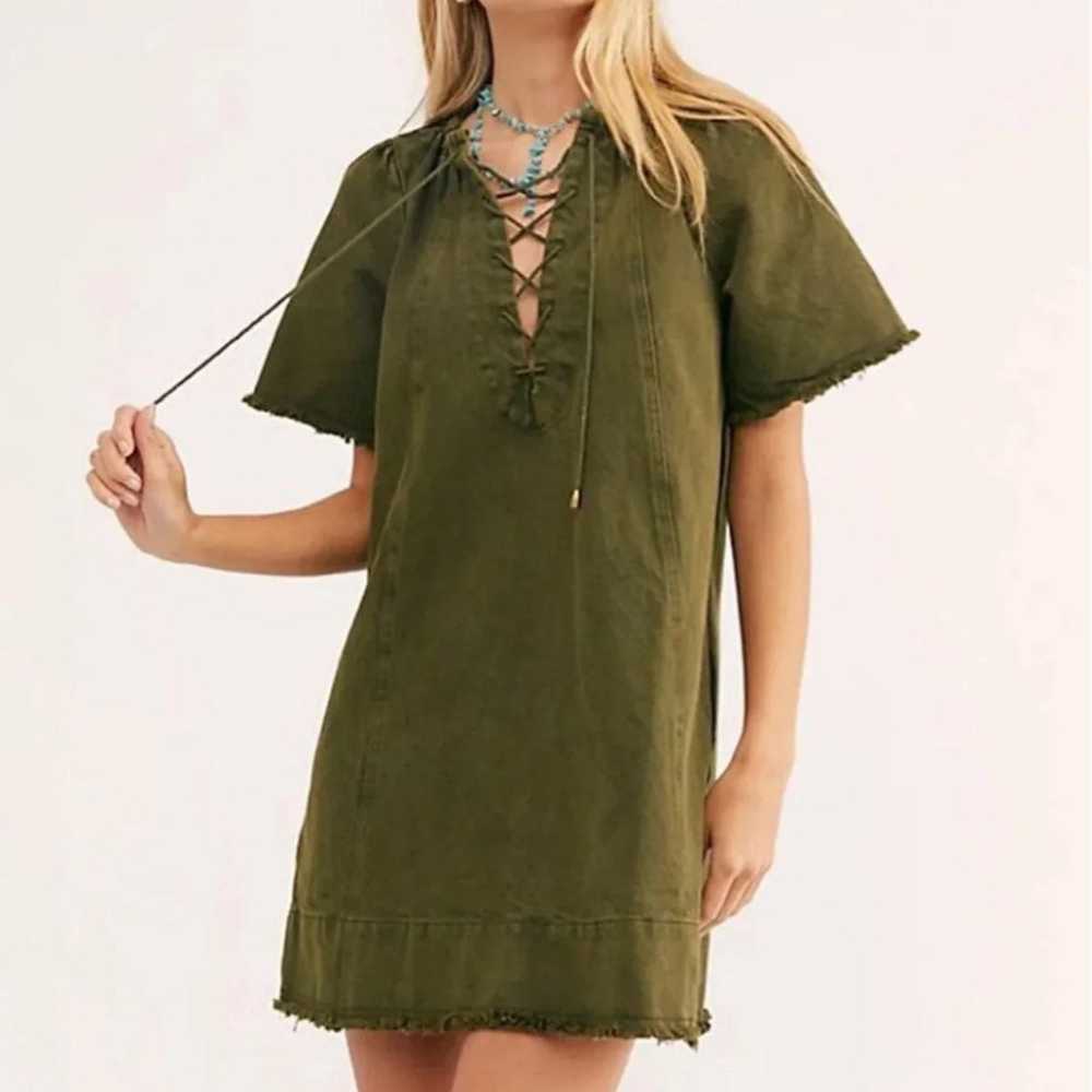 Free People Boho Delight Lace Up Green Denim Dres… - image 3