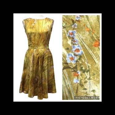 Vintage Charteuse Floral Fit and Flare Midi Dress… - image 1