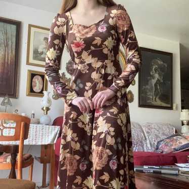 Vintage velvet floral dress, cottagecore dress, v… - image 1