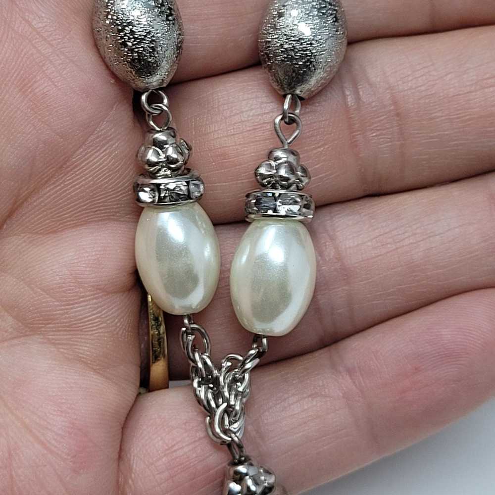 Vintage Statement Silver Tone Faux Pearl Mesh Bea… - image 3