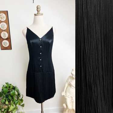 1980s Black Satin Fringe Flapper Shift Dress