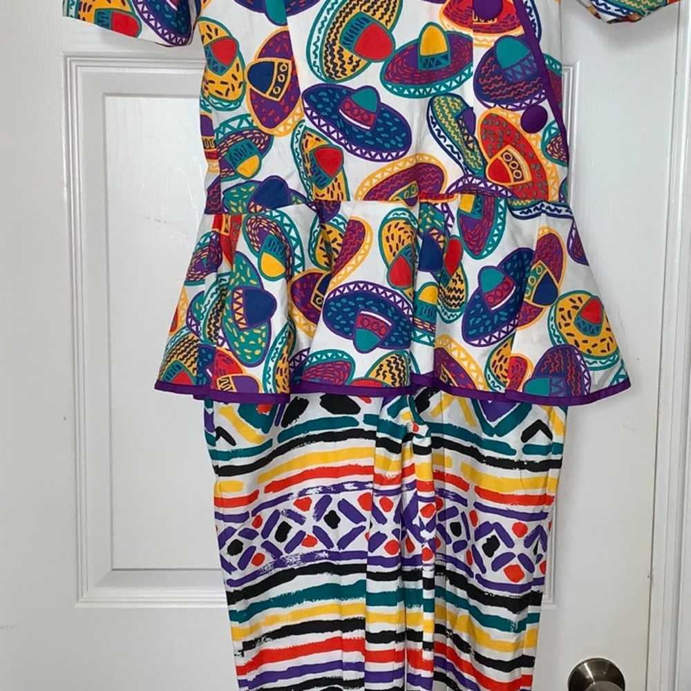 80’s Jumper Romper Peplum Bright Prints Sombrero … - image 1