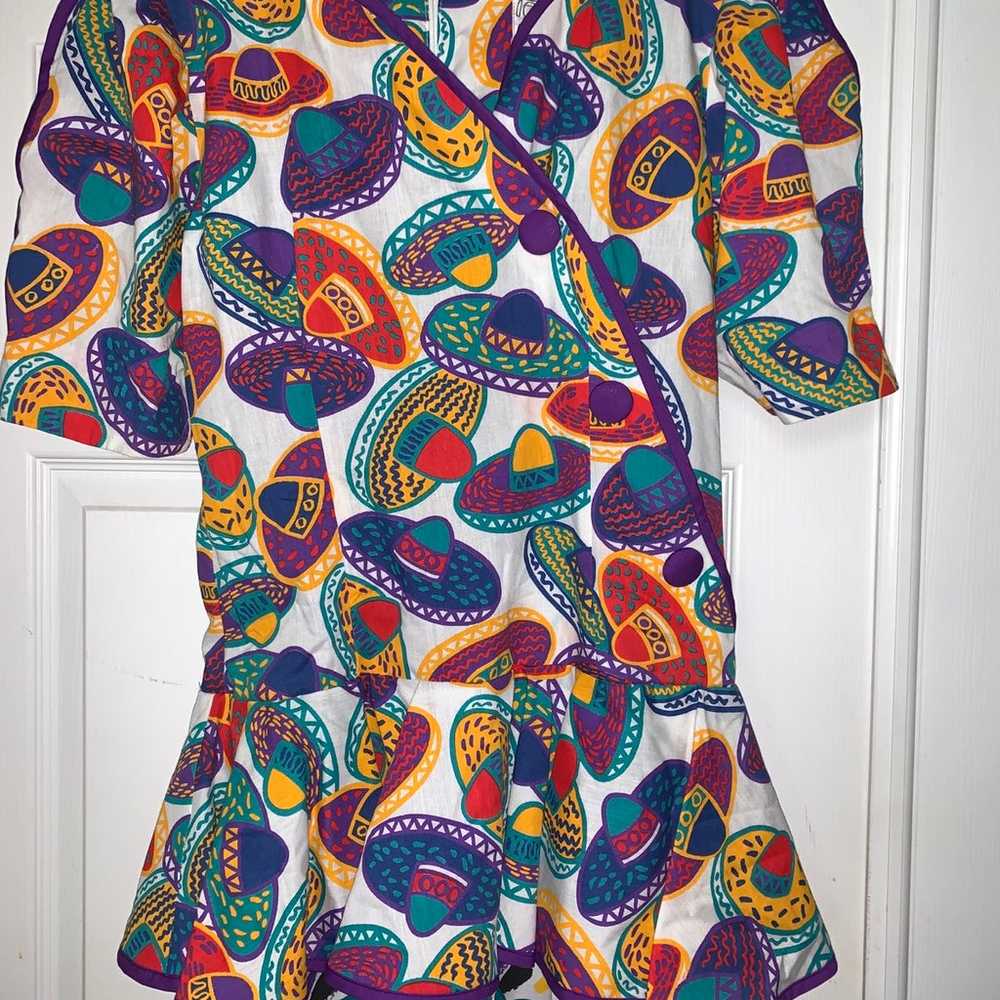 80’s Jumper Romper Peplum Bright Prints Sombrero … - image 2