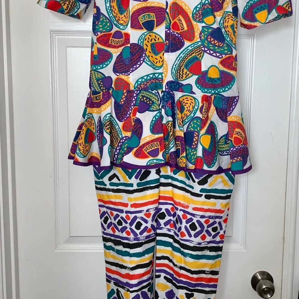 80’s Jumper Romper Peplum Bright Prints Sombrero … - image 6