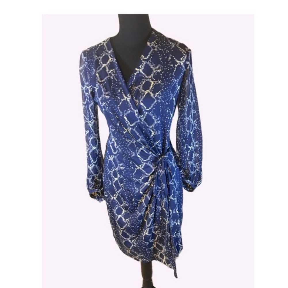 Vintage Abstract Navy Blue & White Wrap Dress, Ch… - image 1