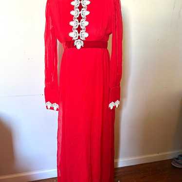 Vintage Handmade Red maxi dress with sheer sleeves - image 1