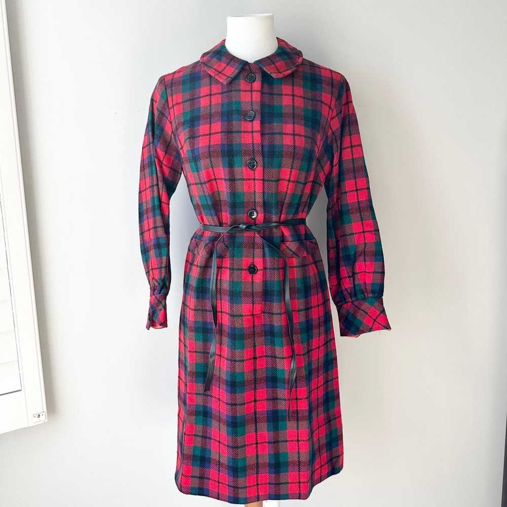 60s Jeune Leique Wool Long Sleeve Red Plaid Colla… - image 11